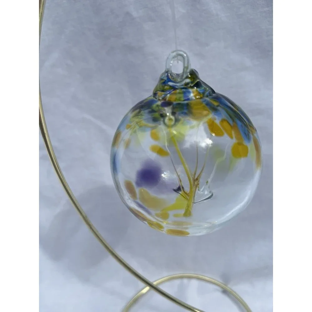 3” Hand Blown Art Glass Gazing Ball Christmas Ornament Hanging Blue Gold Orb EUC